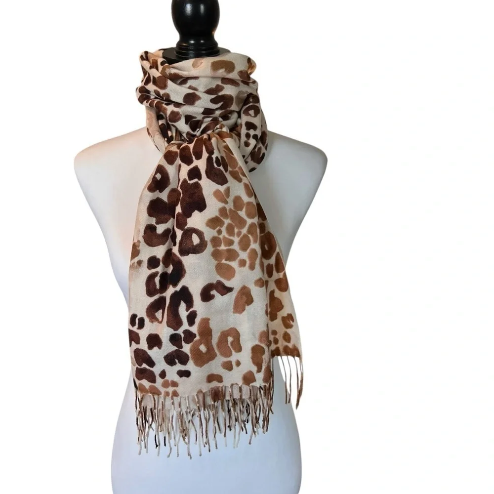 Leopard Print Fringe Scarf Wrap Shawl Neutral Tan Brown Animal Print